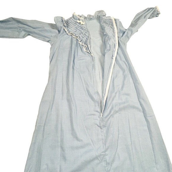 Vtg Handmade Nightgown Pleated Bib Eyelet Lace L/S Blue Gingham Zip Cottage Core - Picture 6 of 10